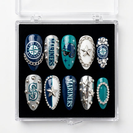 Seattle Mariners Handmade Press On Nails | Reusable 3D Nail Set