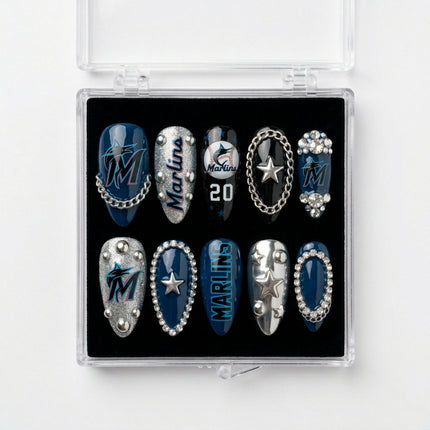 Miami Marlins Handmade Press On Nails | Reusable 3D Nail Set