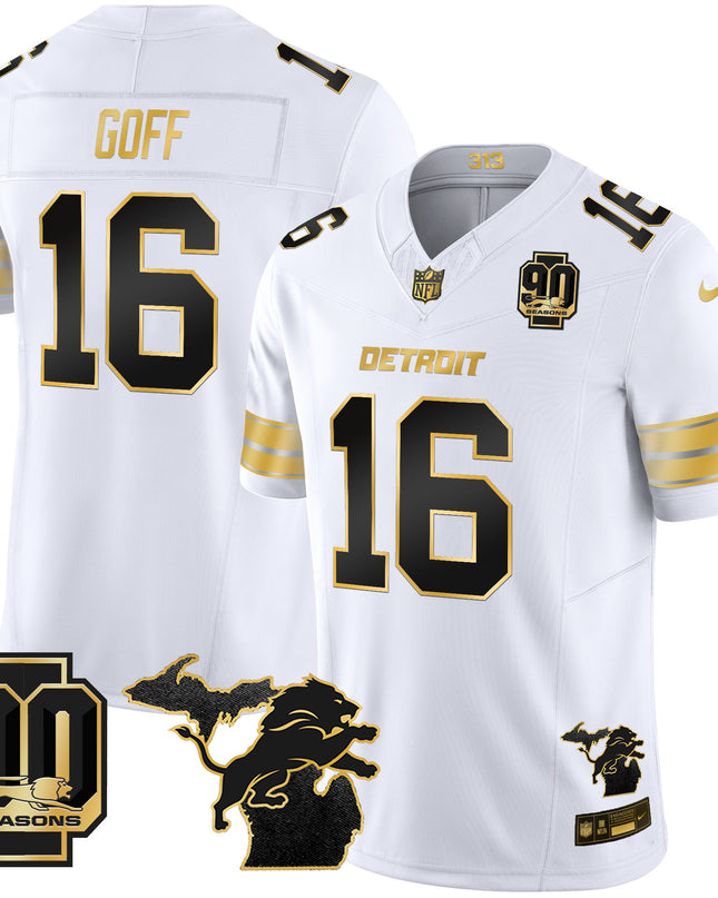 Men's Detroit Lions 2025 Michigan & 90th Season Patch Gold Vapor Limited Jersey - All Stitched