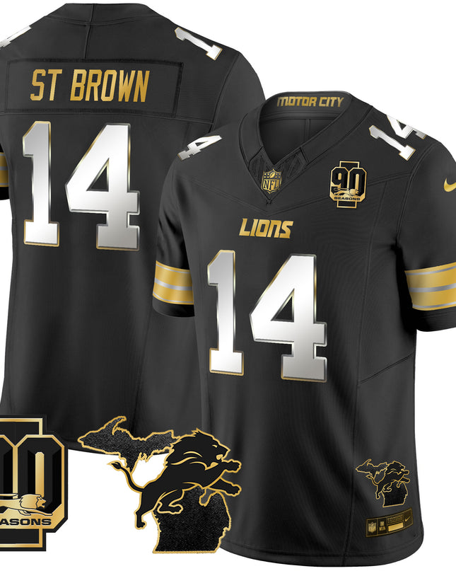 Men's Detroit Lions 2025 Michigan & 90th Season Patch Gold Vapor Limited Jersey - All Stitched