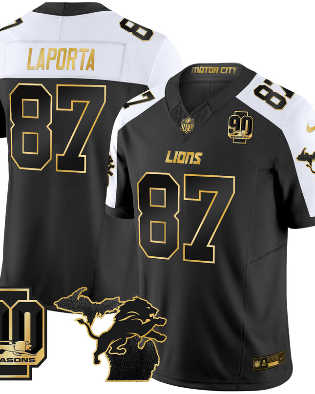 Men's Detroit Lions 2025 Michigan & 90th Season Patch Gold Vapor Limited Jersey - All Stitched