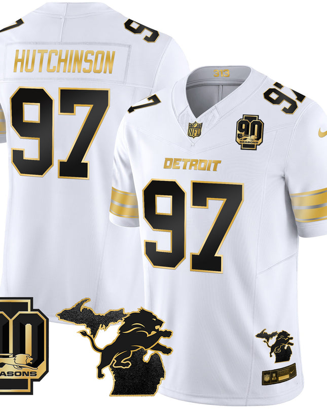 Men's Detroit Lions 2025 Michigan & 90th Season Patch Gold Vapor Limited Jersey - All Stitched