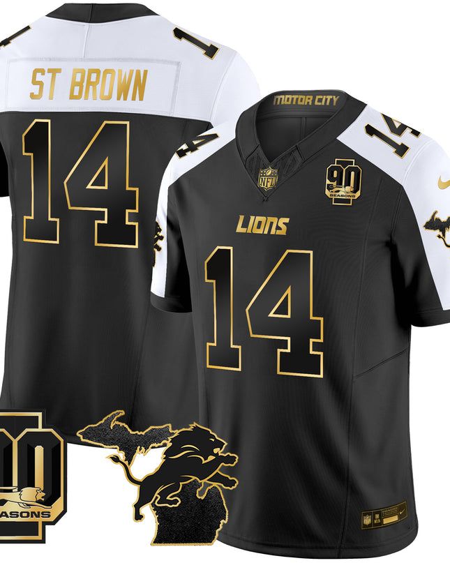 Men's Detroit Lions 2025 Michigan & 90th Season Patch Gold Vapor Limited Jersey - All Stitched