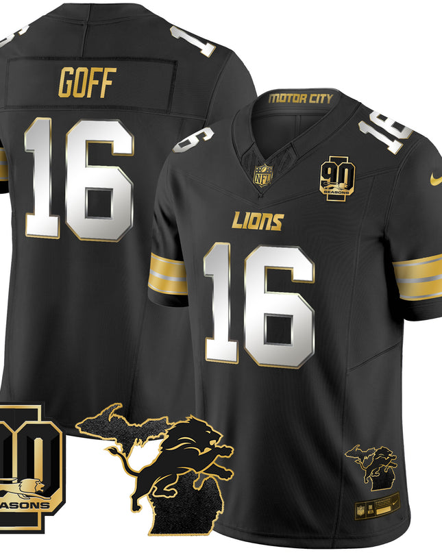 Men's Detroit Lions 2025 Michigan & 90th Season Patch Gold Vapor Limited Jersey - All Stitched