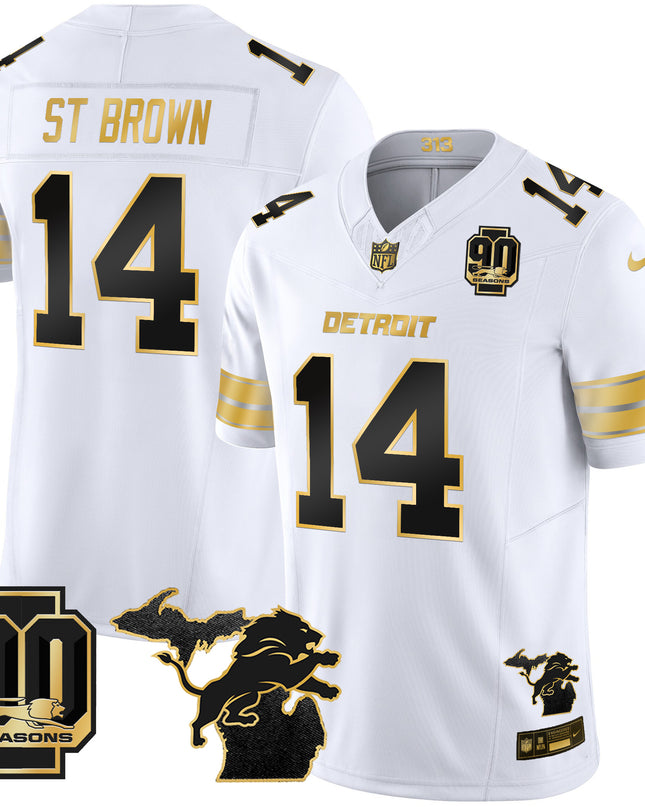 Men's Detroit Lions 2025 Michigan & 90th Season Patch Gold Vapor Limited Jersey - All Stitched