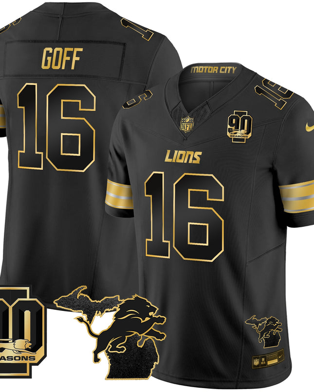 Men's Detroit Lions 2025 Michigan & 90th Season Patch Gold Vapor Limited Jersey - All Stitched
