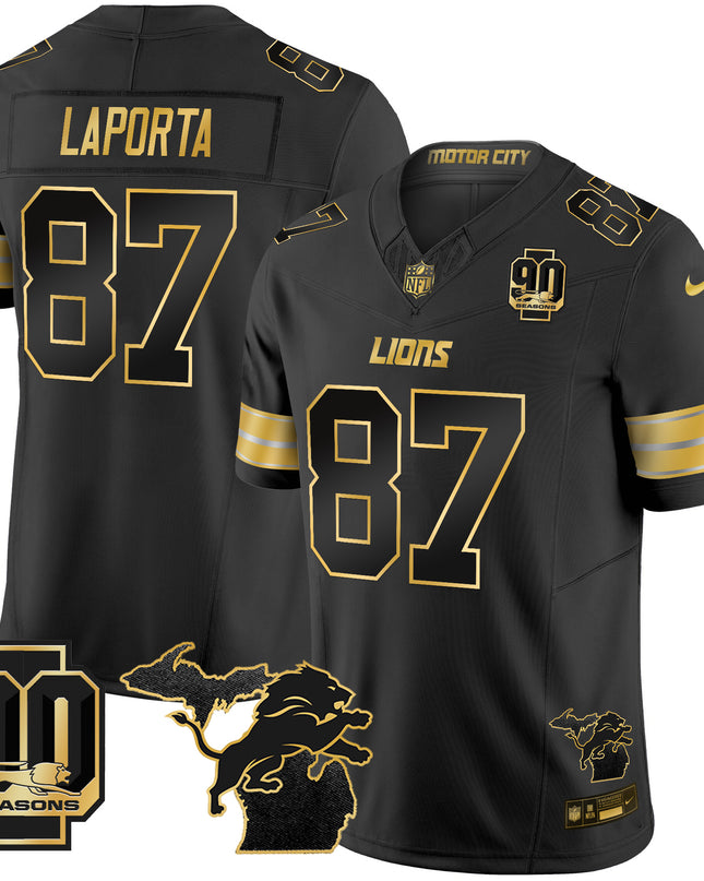 Men's Detroit Lions 2025 Michigan & 90th Season Patch Gold Vapor Limited Jersey - All Stitched
