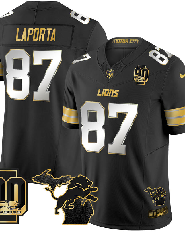 Men's Detroit Lions 2025 Michigan & 90th Season Patch Gold Vapor Limited Jersey - All Stitched