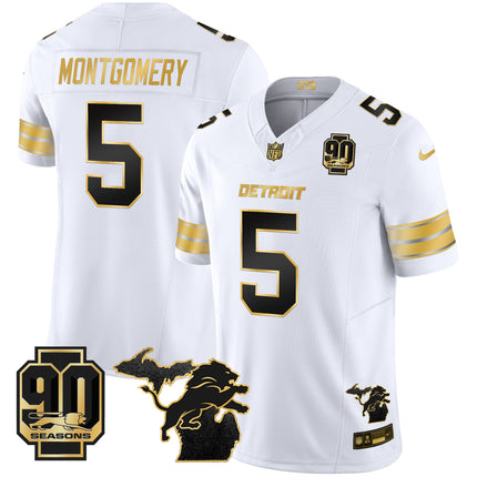 Men's Detroit Lions 2025 Michigan & 90th Season Patch Gold Vapor Limited Jersey - All Stitched
