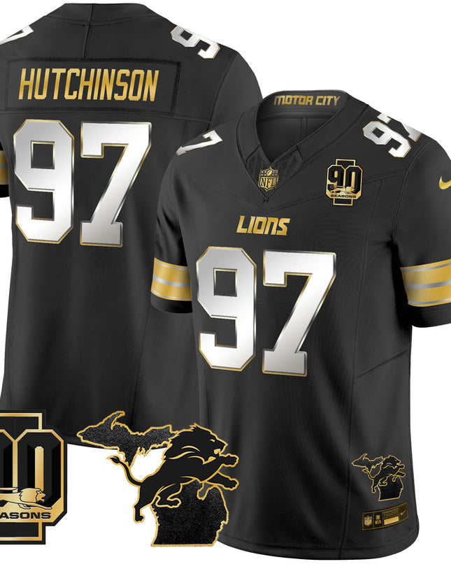 Men's Detroit Lions 2025 Michigan & 90th Season Patch Gold Vapor Limited Jersey - All Stitched