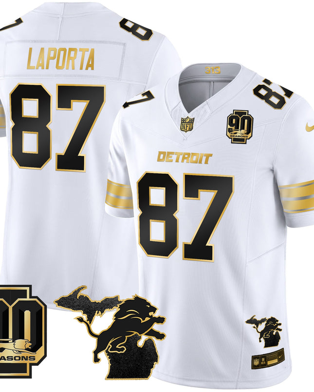 Men's Detroit Lions 2025 Michigan & 90th Season Patch Gold Vapor Limited Jersey - All Stitched