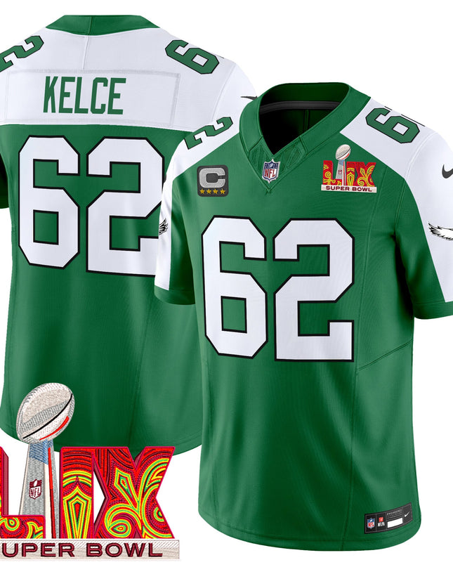 Men's Philadelphia Eagles Kelly Green Super Bowl LIX Patch Vapor Limited Jersey - All Stitched
