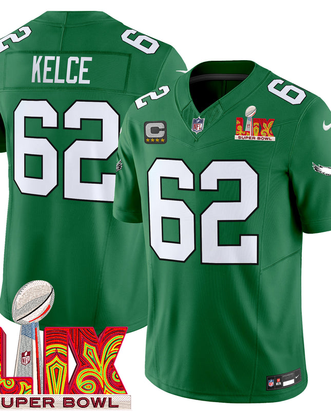 Men's Philadelphia Eagles Kelly Green Super Bowl LIX Patch Vapor Limited Jersey - All Stitched