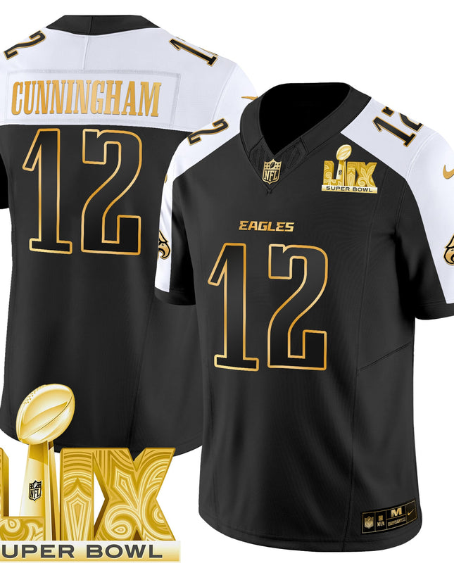 Men's Philadelphia Eagles Super Bowl LIX Patch Gold Vapor Limited Jersey - All Stitched