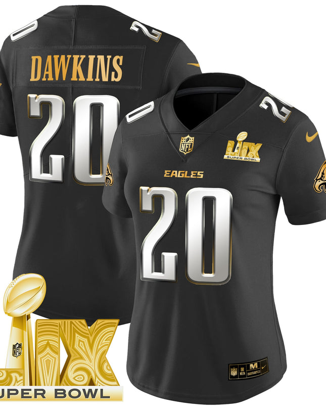 Women's Philadelphia Eagles Super Bowl LIX Patch Gold Vapor Limited Jersey - All Stitched