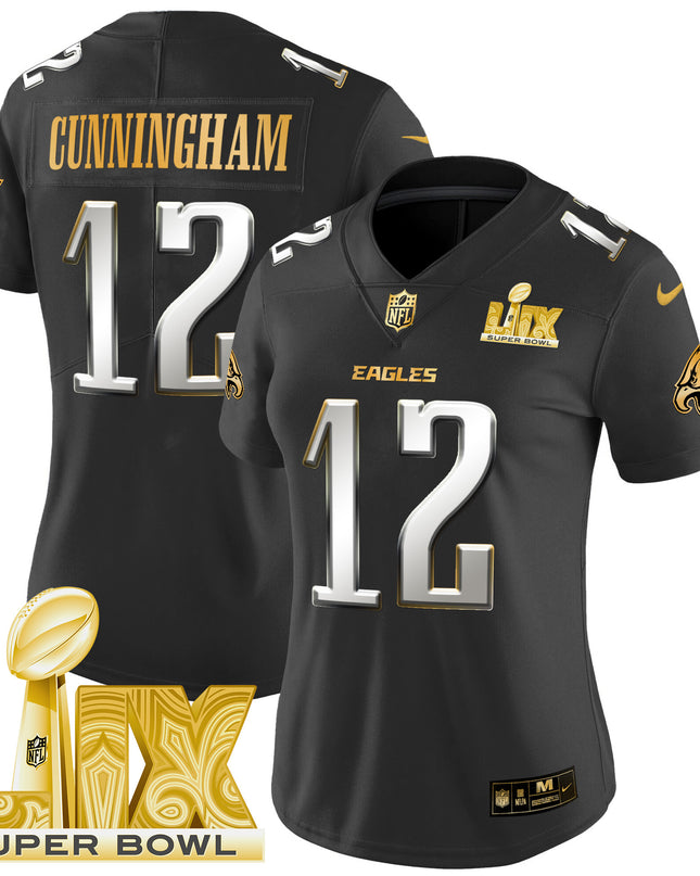 Women's Philadelphia Eagles Super Bowl LIX Patch Gold Vapor Limited Jersey - All Stitched