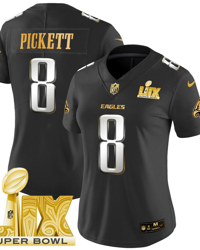 Women's Philadelphia Eagles Super Bowl LIX Patch Gold Vapor Limited Jersey - All Stitched