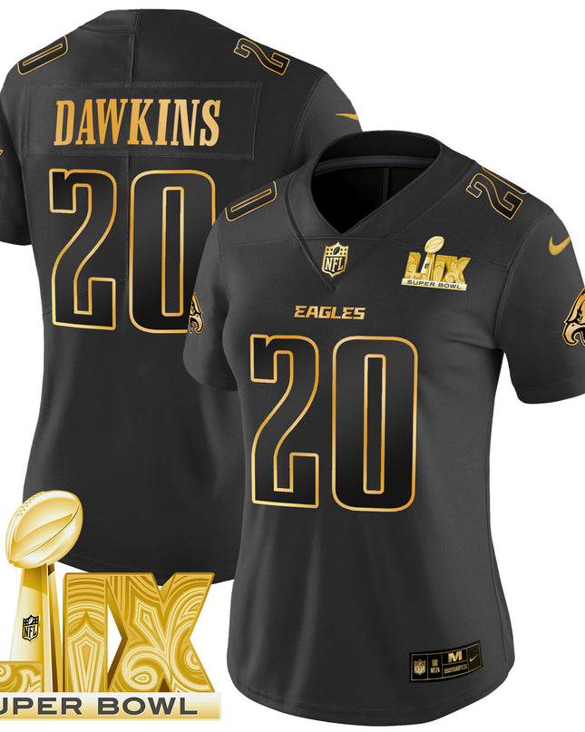 Women's Philadelphia Eagles Super Bowl LIX Patch Gold Vapor Limited Jersey - All Stitched