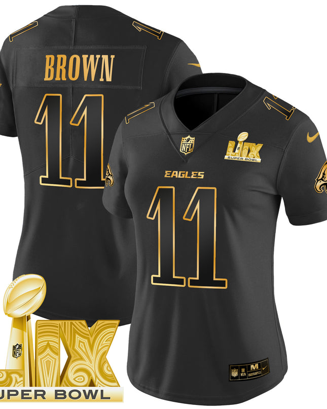 Women's Philadelphia Eagles Super Bowl LIX Patch Gold Vapor Limited Jersey - All Stitched