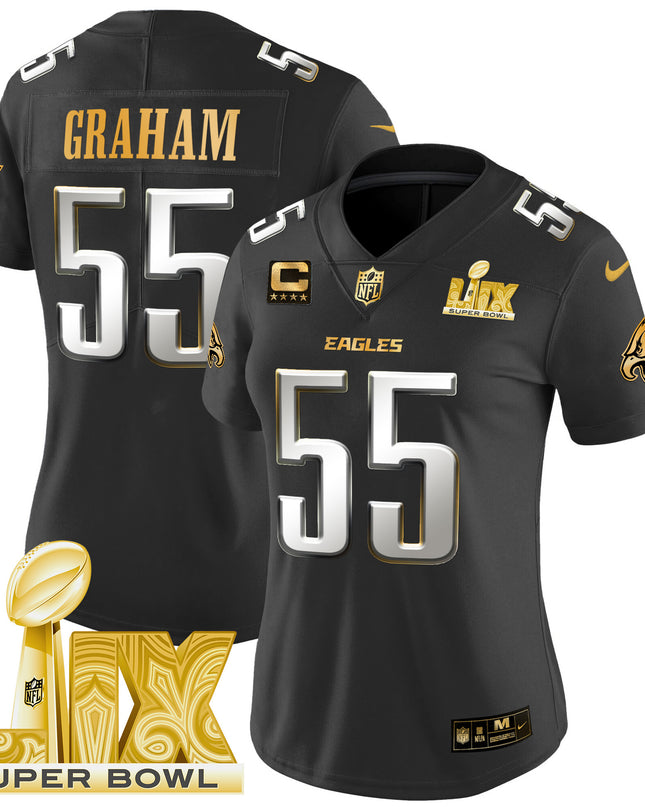 Women's Philadelphia Eagles Super Bowl LIX Patch Gold Vapor Limited Jersey - All Stitched