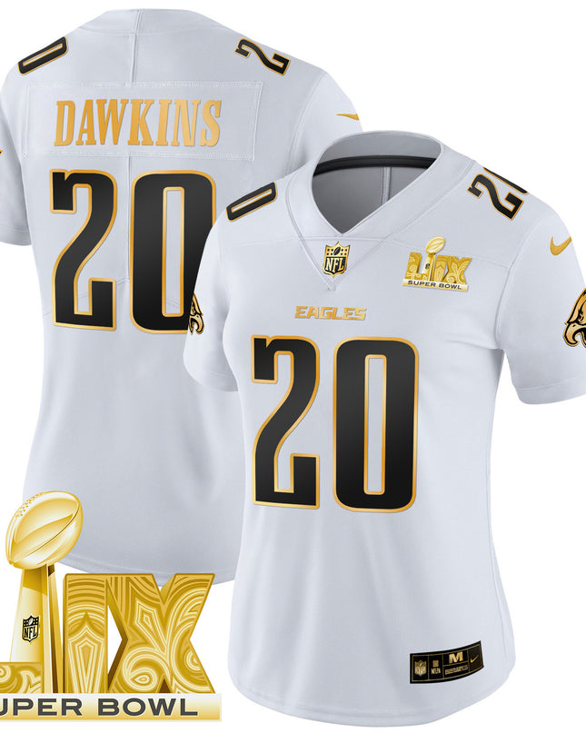 Women's Philadelphia Eagles Super Bowl LIX Patch Gold Vapor Limited Jersey - All Stitched