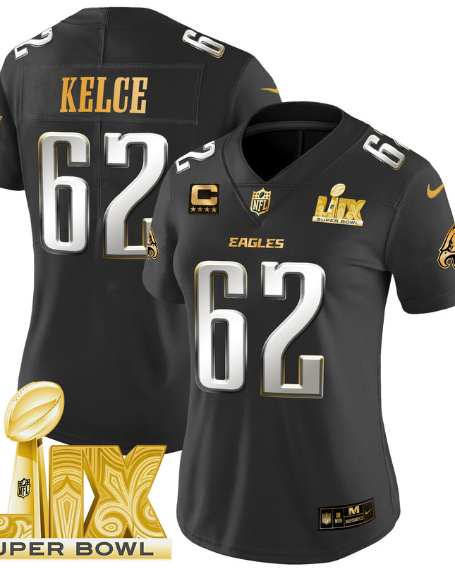 Women's Philadelphia Eagles Super Bowl LIX Patch Gold Vapor Limited Jersey - All Stitched