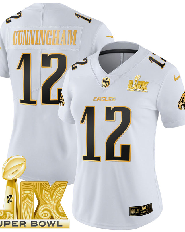 Women's Philadelphia Eagles Super Bowl LIX Patch Gold Vapor Limited Jersey - All Stitched