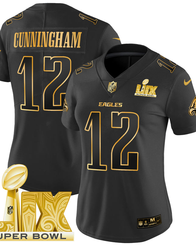 Women's Philadelphia Eagles Super Bowl LIX Patch Gold Vapor Limited Jersey - All Stitched