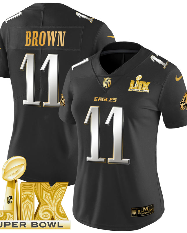 Women's Philadelphia Eagles Super Bowl LIX Patch Gold Vapor Limited Jersey - All Stitched