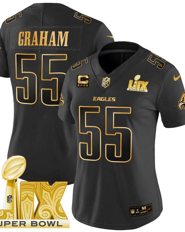 Women's Philadelphia Eagles Super Bowl LIX Patch Gold Vapor Limited Jersey - All Stitched