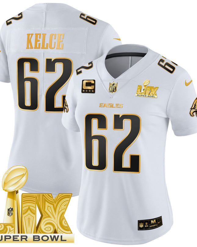 Women's Philadelphia Eagles Super Bowl LIX Patch Gold Vapor Limited Jersey - All Stitched