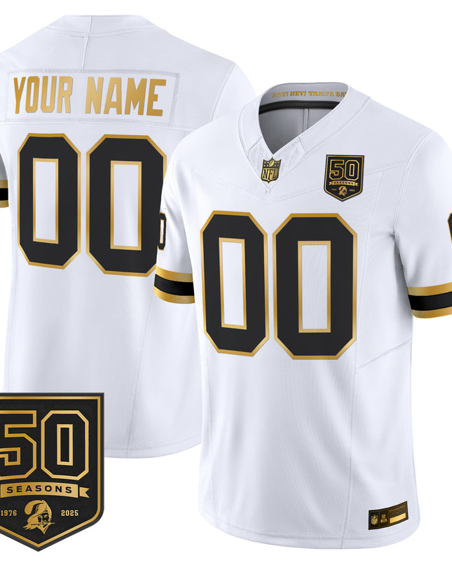 Tampa Bay Buccaneers Throwback 50th Season Patch Gold Vapor Limited Custom Jersey - All Stitched