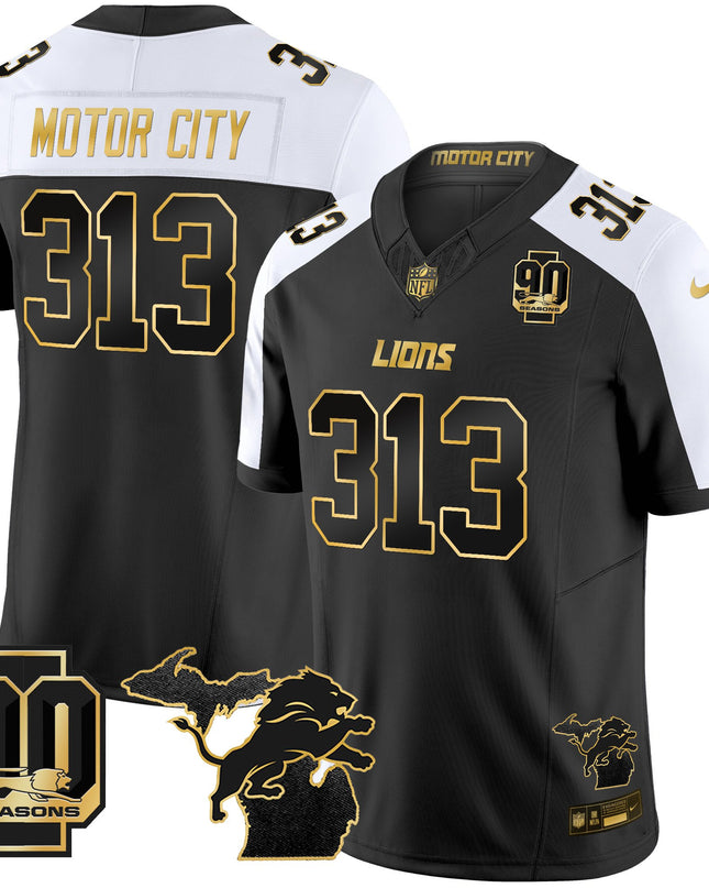 Men's Detroit Lions 2025 Michigan & 90th Season Patch Gold Vapor Limited Jersey - All Stitched