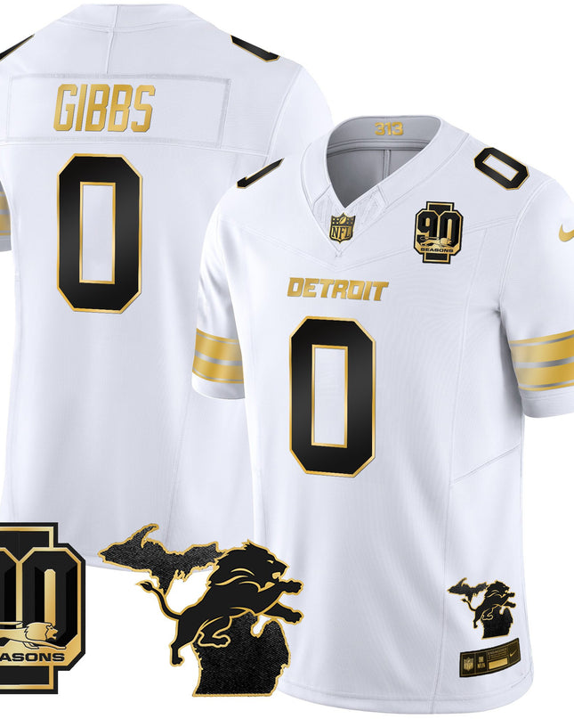 Men's Detroit Lions 2025 Michigan & 90th Season Patch Gold Vapor Limited Jersey - All Stitched