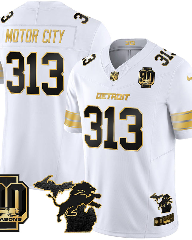 Men's Detroit Lions 2025 Michigan & 90th Season Patch Gold Vapor Limited Jersey - All Stitched