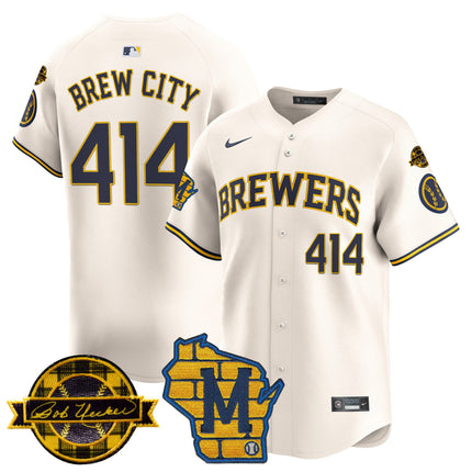 Men's Milwaukee Brewers Home & Bob Uecker Patch Vapor Premier Limited Jersey - All Stitched