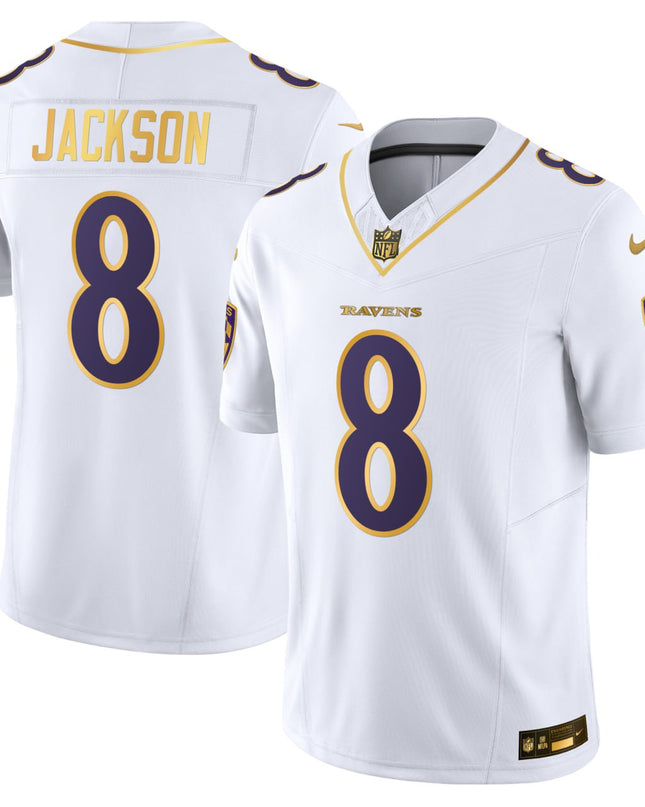 Lamar Jackson Baltimore Ravens White Gold Jersey - All Stitched