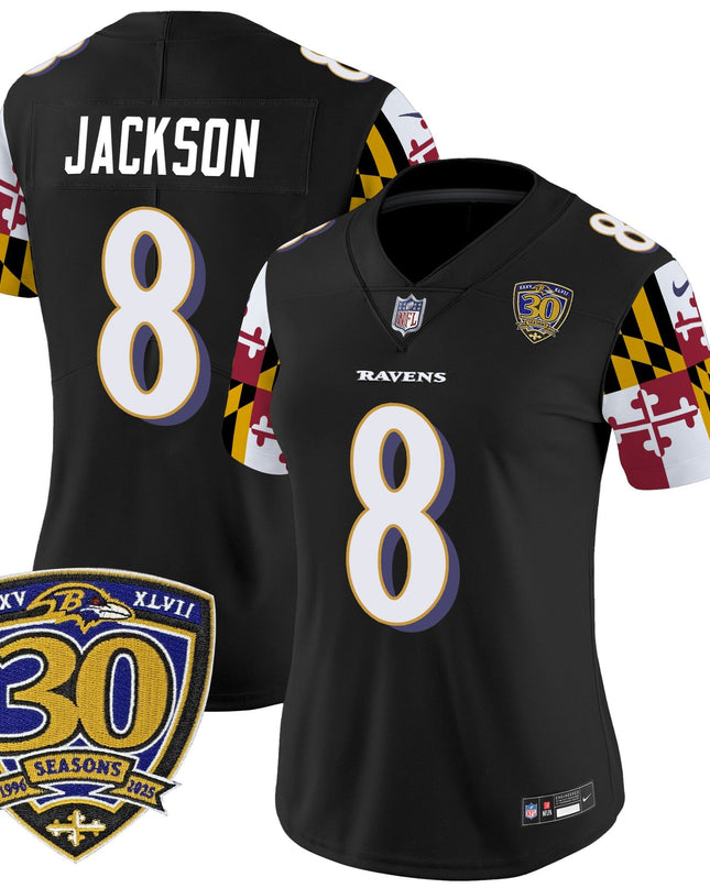 Women's Baltimore Ravens 'Maryland Flag Edition' Vapor Limited Jersey - 30th Anniversary Patch - All Stitched