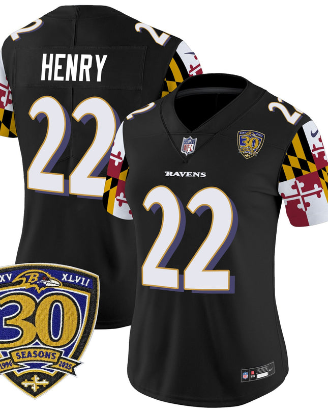 Women's Baltimore Ravens 'Maryland Flag Edition' Vapor Limited Jersey - 30th Anniversary Patch - All Stitched