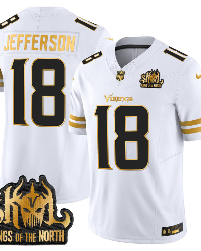 Men's Minnesota Vikings 2025 Gold Vapor Limited Jersey - Kings Of The North Patch - All Stitched
