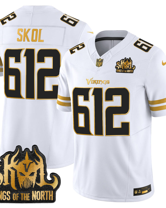Men's Minnesota Vikings 2025 Gold Vapor Limited Jersey - Kings Of The North Patch - All Stitched