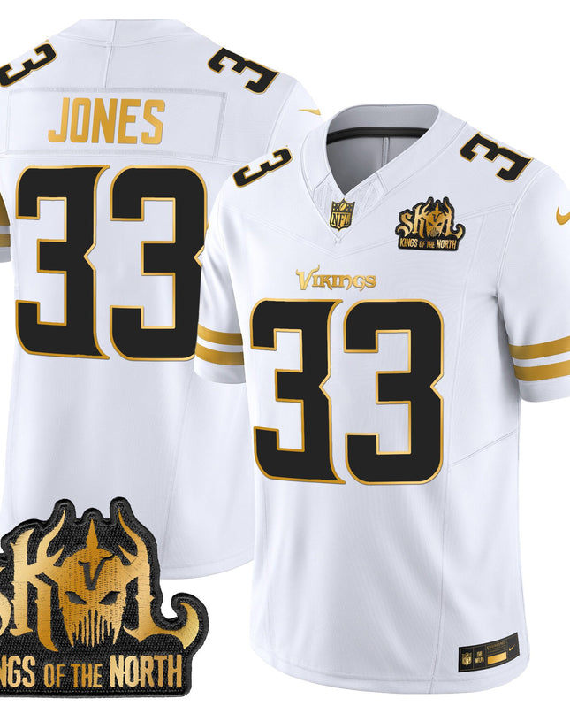 Men's Minnesota Vikings 2025 Gold Vapor Limited Jersey - Kings Of The North Patch - All Stitched