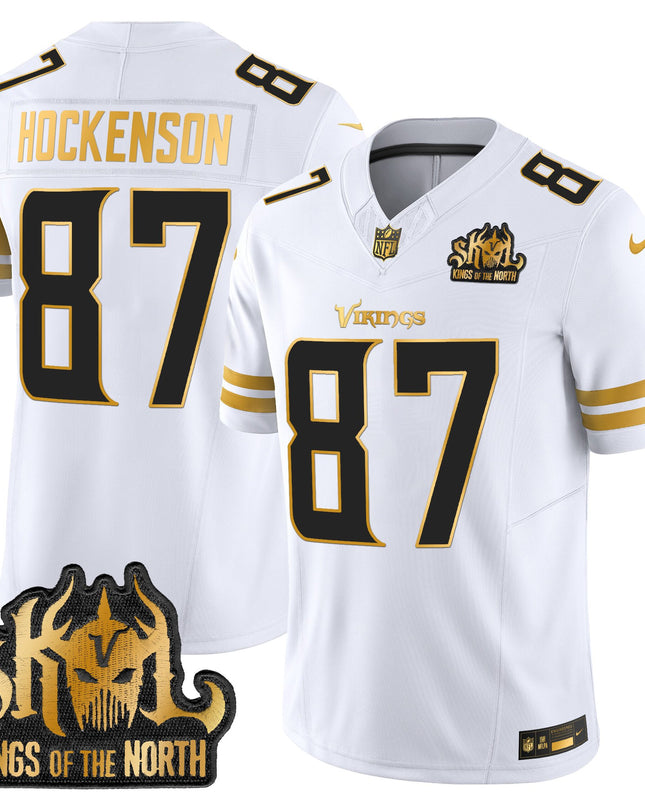 Men's Minnesota Vikings 2025 Gold Vapor Limited Jersey - Kings Of The North Patch - All Stitched