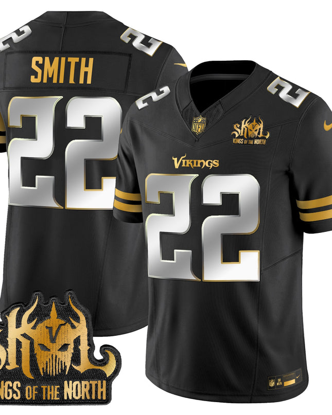 Men's Minnesota Vikings 2025 Gold Vapor Limited Jersey - Kings Of The North Patch - All Stitched
