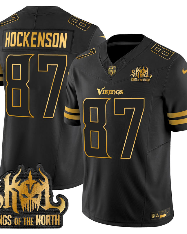 Men's Minnesota Vikings 2025 Gold Vapor Limited Jersey - Kings Of The North Patch - All Stitched