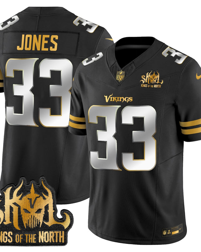 Men's Minnesota Vikings 2025 Gold Vapor Limited Jersey - Kings Of The North Patch - All Stitched