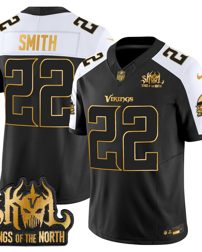 Men's Minnesota Vikings 2025 Gold Vapor Limited Jersey - Kings Of The North Patch - All Stitched