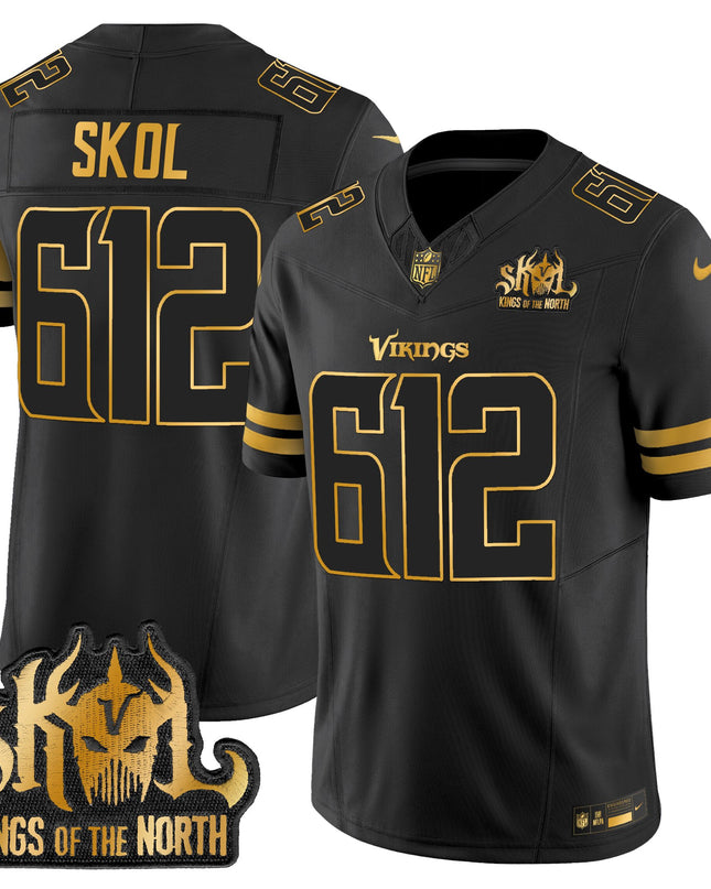 Men's Minnesota Vikings 2025 Gold Vapor Limited Jersey - Kings Of The North Patch - All Stitched