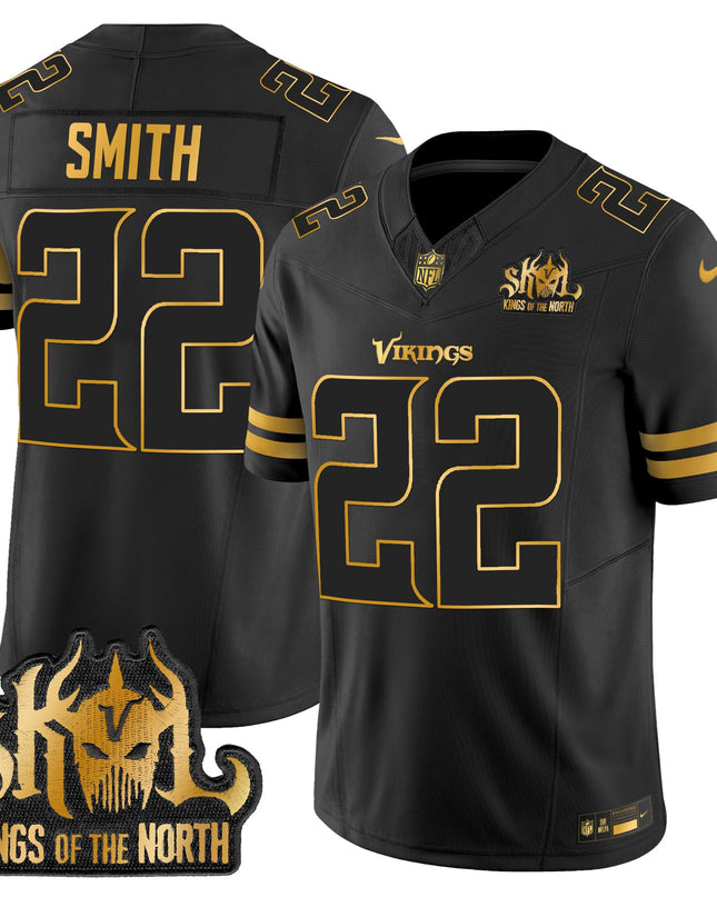 Men's Minnesota Vikings 2025 Gold Vapor Limited Jersey - Kings Of The North Patch - All Stitched