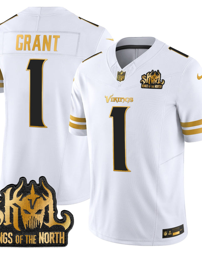 Men's Minnesota Vikings 2025 Gold Vapor Limited Jersey - Kings Of The North Patch - All Stitched